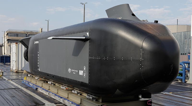 Ghost Shark ‘Alpha’ – the first prototype co-developed by Defence Science and Technology Group, the Royal Australian Navy and Anduril Australia unveiled at Garden Island, Sydney. Photo by Rodney Braithwaite.