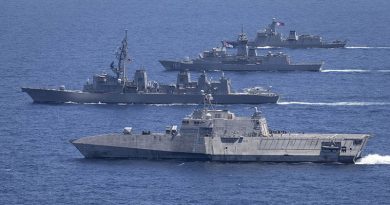 USS Mobile, JS Akebono, HMAS Warramunga and BRP Antonio Luna during a multilateral maritime cooperative activity between Australia, the United States, Japan and the Philippines within the Philippines Exclusive Economic Zone. Photo by Petty Officer Leo Baumgartner