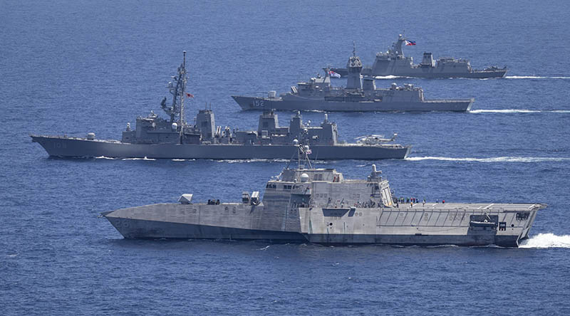 USS Mobile, JS Akebono, HMAS Warramunga and BRP Antonio Luna during a multilateral maritime cooperative activity between Australia, the United States, Japan and the Philippines within the Philippines Exclusive Economic Zone. Photo by Petty Officer Leo Baumgartner