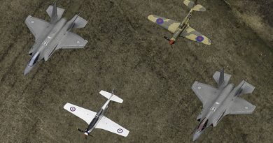 Two F-35A Lightning II from No. 77 Squadron in formation lead by Jason Easthope in a CAC CA-18 Mustang followed by Paul Bennet in a Curtiss P-40E Kittyhawk during Warbirds Over Scone 2024. Photo by Mark Jessop.