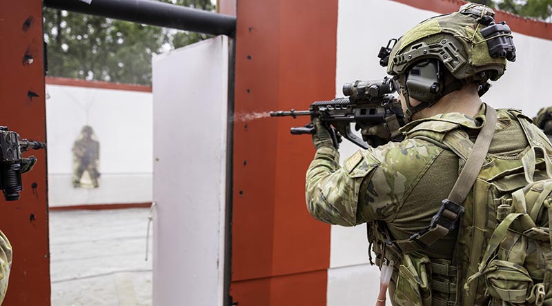 Australian Army soldiers form the 6th Battalion, Royal Australian Regiment conduct urban live-fire training at Greenbank Training Area. Photo by Corporal Dustin Anderson.