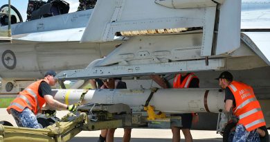 Armament technicians from 1 Squadron load an AGM-84 Harpoon anti-ship missile onto an F/A-18F Super Hornet at RAAF Base Amberley. Story. by Flight Lieutenant Imogen Lunny. Photos by Aircraftwoman Vanessa Wang.