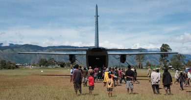 A RAAF C-27J Spartan from 35 Squadron parked at Telefomin Airport, Papua New Guinea, during the Defence Pacific Air Program. Story by Flight Lieutenant Claire Campbell. Photos by Corporal Samuel Miller.