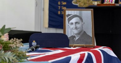 Flight Sergeant Gordan Hamilton's portrait on display during the memorial service of four WW2 RAAF servicemen at RAAF Base Amberley. Story by Wing Commander Bruce Chalmers. Photos by Aircraftman Campbell Latch.