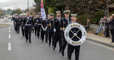 HMAS Huon personnel march through the streets during a freedom-of-entry march in Huonville, Tasmania. Story by Lieutenant Nicole Gallie. Photos by Petty Officer Christopher Szumlanski.
