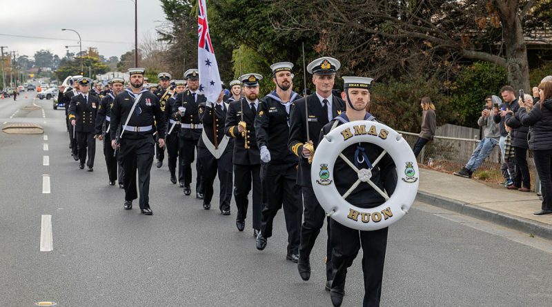 HMAS Huon personnel march through the streets during a freedom-of-entry march in Huonville, Tasmania. Story by Lieutenant Nicole Gallie. Photos by Petty Officer Christopher Szumlanski.
