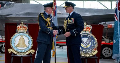 Royal Air Force Chief of the Air Staff Air Chief Marshal Sir Rich Knighton (L) and Royal Australian Chief of Air Force Air Marshal Robert Chipman shake hands at the 80 Squadron re-formation ceremony at Eglin Air Force Base, Florida. Story by Flight Lieutenant Rachael Blake. Photos by USAF Samuel King Jr.