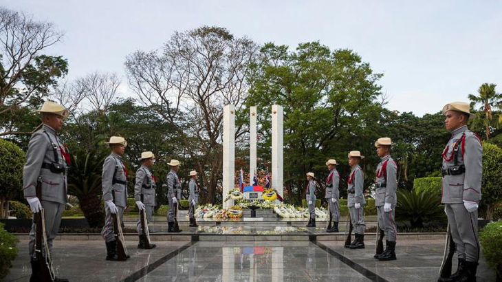 Personnel from the Armed Forces of the Philippines provide an escort of honour at The Tomb of the Unknown Soldier during Anzac Day 2024 commemorations in Story by Sergeant David Said. Photo by Corporal Sam Price.