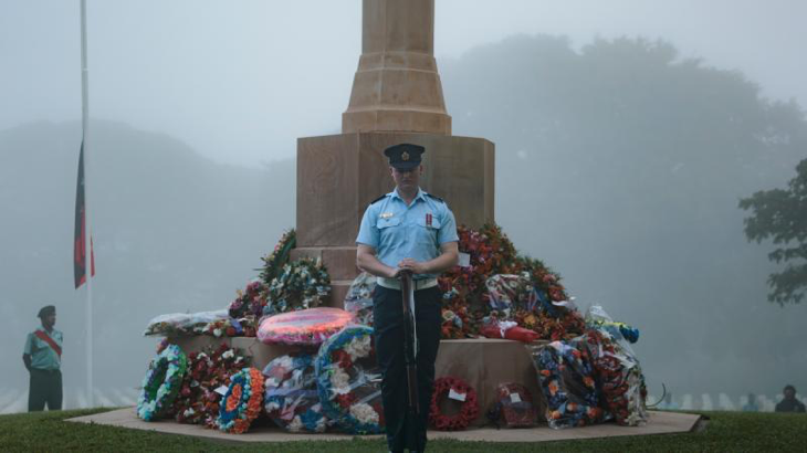 Leading Aircraftman Connor Bourn from Australia's Federation Guard participates in the Catafalque Party during the Anzac Day Dawn Service at Bomana War Cemetery, Papua New Guinea. Story by Flight Lieutenant Claire Campbell. Photos by Corporal Samuel Miller