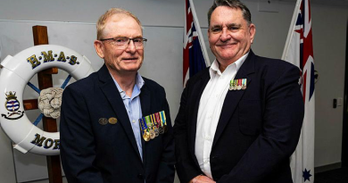 Michael Apperley, left, and Paul Longley, right, meet after many years at their unit citation ceremony in HMAS Moreton. Story by Lieutenant Rebecca Williamson. Photos by Leading Seaman Iggy Roberts.