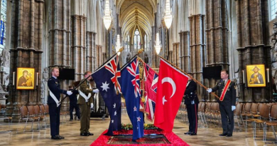 The flags of Australia, New Zealand, the United Kingdom and Turkiye are held over the grave of the Unknown Warrior in Westminster Abbey following the conclusion of the Anzac Day memorial service. Story and photo by Lieutenant Commander John Thompson.
