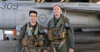 Flight Lieutenant Max, left, and Flight Lieutenant Dallin Stirling, a trainee from 2 Flight Training School, before an incentive flight in an EA-18G Growler at RAAF base Pearce during Exercise Centenarie Redimus. Story by Flying Officer Michael Thomas. Photo by Aircraftman Campbell Latch.