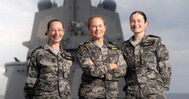 Mothers of HMAS Hobart, from left, Petty Officer Amy Peters, Commander Tina Brown and Leading Seaman Rochelle Hambly on the forecastle as the ship conducts a regional presence deployment. Photo by Leading Seaman Matthew Lyall.