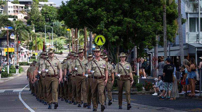 Australian Army officers and soldiers from 3rd Combat Engineer Regiment march in the streets of Airlie Beach while exercising their Freedom of Entry Parade. Photo by Trooper Dana Millington.