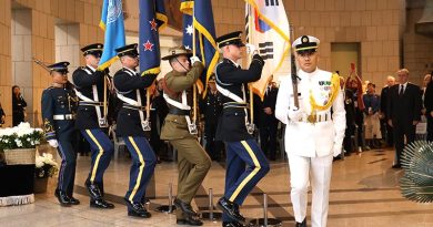 Private Kieran Findlay in the United Nations Command Honor Guard at an Anzac Day Dawn Service at the War Memorial of Korea.