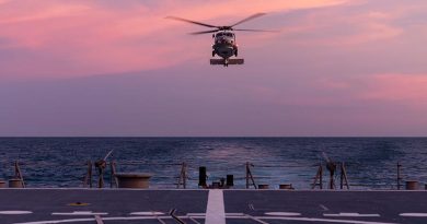 HMAS Hobart’s embarked MH-60R helicopter “Voodoo” returns to the ship during flying operations on her current deployment. Photo by Leading Seaman Matthew Lyall.