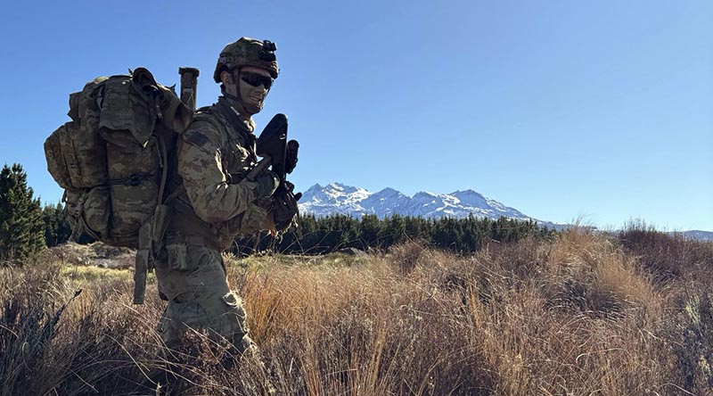Australian Army soldier Private Lachlan Parker from the 5th Brigade on patrol during Exercise Tasman Reserve 2024.
