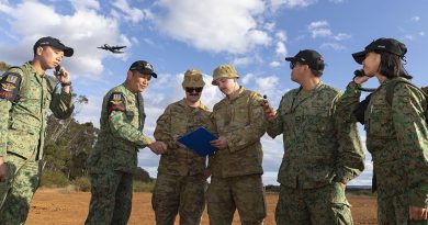 Soldiers from the Australian Army's 176 Air Dispatch Squadron work with Air Terminal Company, 3 Singapore Armed Forces Transport Battalion, during a Republic of Singapore Air Force C-130 training sortie. Photo by Aircraftwoman Maddison Scott.