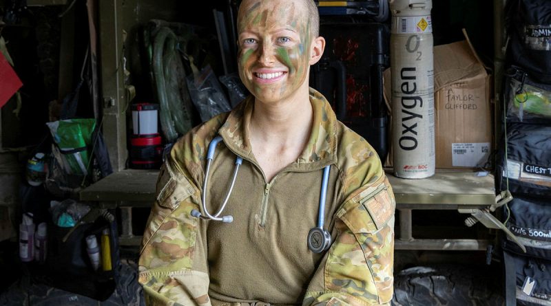 Army nursing officer Lieutenant Kelsie Brodribb, of the 4th Health Battalion, at the Role 1 Light Manoeuvre on Exercise Brolga Run treating a simulated casualty. Story and photos by Captain Nicholas Marquis.