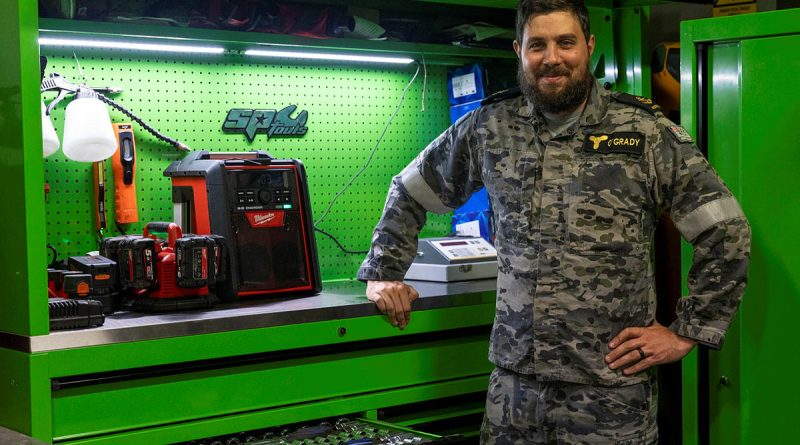 Marine Technician Leading Seaman Billy O’Grady with equipped toolboxes on board HMAS Adelaide. Photos by Corporal Jacob Joseph.
