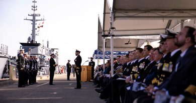 Current and former crew members of HMAS Huon gather for the ship's decommissioning ceremony at HMAS Waterhen, NSW. Story by Lieutenant Madelyn Hanna. Photo by Leading Seaman David Cox.