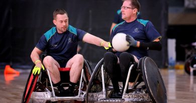 Team Australia's Ben Owens, right, moves past Jamie Adam Smyth during a wheelchair rugby training session in preparation for the Warrior Games 2024. Story by Flying Officer Tina Langridge. Photo by Flight Sergeant Christopher Dickson.