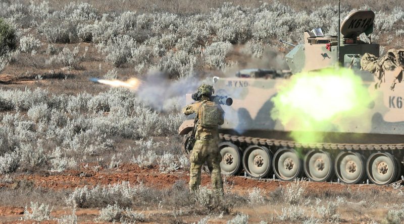 An Australian Army soldier fires an M3 Carl Gustav during the culminating activity on Exercise Rhino Run at Cultana Training Area, South Australia. Story by Captain Peter March. Photo by Sergeant Peng Zhang.