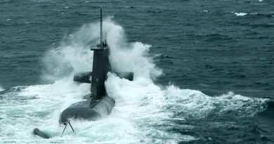 HMAS Farncomb in rough seas off Sydney. Photo by Leading Seaman Brenton Freind.