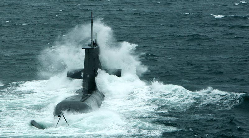HMAS Farncomb in rough seas off Sydney. Photo by Leading Seaman Brenton Freind.