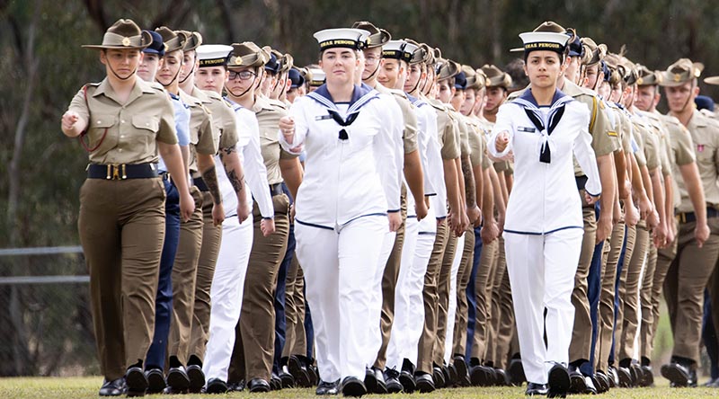 Australian Defence Force trainee medics from the Australian Defence Force medic course march onto the parade ground at the Army School of Health graduation at Latchford Barracks in Bandiana, Victoria. Photo by Sergeant Tristan Kennedy.