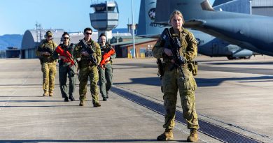Personnel from 1 Security Forces Squadron, RAAF Base Williamtown, participate in a non-permissive training scenario on the flightline at RAAF Base Richmond. Story by Tastri Murdoch. Photos by Leading Aircraftman Chris Tsakisiris.