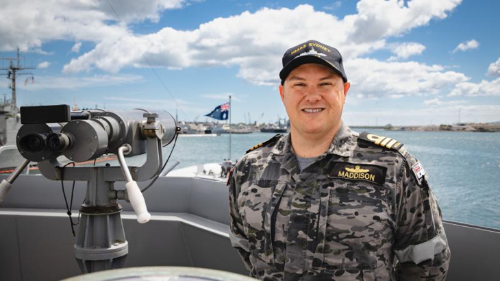 Commanding Officer of HMAS Sydney, Commander Billy Maddison, speaks to media during Exercise Rim of the Pacific 2024, at Joint Base Pearl Harbor-Hickam, Hawaii. Story by Lieutenant Carolyn Martin. Photo by Corporal Adam Abela.