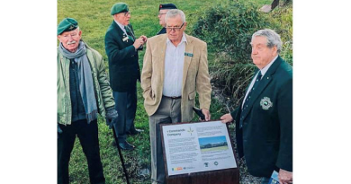Former members of 1 Commando Company, from left, National Secretary Airborne and Special Forces Association Pat Doherty, President 1 Commando Association Merv Liddell and Chairman of Operation Pilgrimage Group Allan Miles at the unveiling of the new heritage marker at the company barracks, Georges Heights, Sydney. Story by Corporal Michael Rogers.