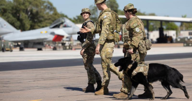From left, a Royal Air Force corporal, Royal Australian Air Force Leading Aircraftman Benjamin Selwood, Royal New Zealand Air Force Corporal Rikki Rawleigh and Patrol Dog McClane patrol the apron at RAAF Base Darwin during Exercise Pitch Black 24. Story by Flight Lieutenant Imogen Lunny. Photos by Leading Aircraftwoman Maddison Scott.