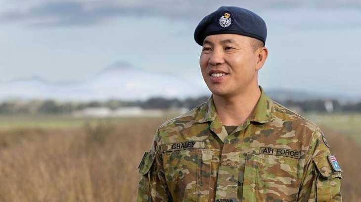 Aircraftman Mausam Ghaley was born in Bhutan and spent most of his youth in a refugee camp in Nepal before fleeing to Australia with his mother.