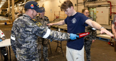 HMAS Choules personnel participate in a humanitarian and disaster relief training exercise on board the ship during a south-west Pacific regional presence deployment. Story by Lieutenant Leesa Maroske. Photos by Leading Seaman Matthew Lyall.