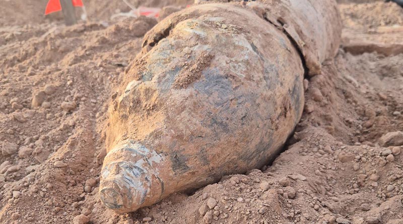 An unexploded World War II-era Japanese bomb that was later disposed of by the ADF's North Queensland Joint Explosive Ordnance Support team after it was unearthed at the Stokes Hill Waterfront Precinct in Darwin. Image supplied.
