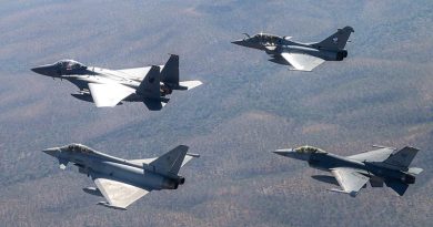 An Exercise Pitch Black multi-national formation with French Air and Space Force Rafale B; Republic of Singapore Air Force (RSAF) F-16C Fighting Falcon; Italian Air Force Eurofighter Typhoon; and RSAF F-15SG Eagle. Photo by Flying Officer Ben Dunleavy.