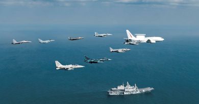 A Royal Australian Air Force E-7A Wedgetail leads a formation of aircraft past the Italian Navy aircraft carrier ITS Cavour during Exercise Pitch Black 2024. Story by Squadron Leader Eamon Hamilton. Photo by Corporal Samuel Miller.