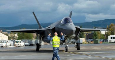 An aviator marshalls a 75 Squadron F-35A Lightning II at Eielson Air Force Base, Alaska. Photos by Sergeant Hayden Young.