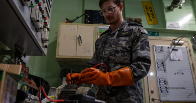 Navy sailor Leading Seaman Marine Technician Electrical Nikolas Jercic conducts electrical testing on board HMAS Adelaide. Story and photo by Corporal Michael Rogers.