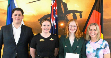 Three members of the Pearn family with a Navy officer at the ADF Careers Centre, Wollongong. From left, Sub-Lieutenant Rhys Pearn, Lieutenant Jordie McLeod, Recruit Breanna Pearn and Leading Seaman Vicki Pearn. Story by Corporal Luke Bellman.