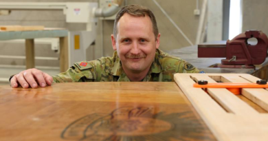 Sergeant Alan Rowell with the conference table he made for the Chief of Army through the Holsworthy MakerSpace. Story and photos by Warrant Officer Class Two Max Bree.