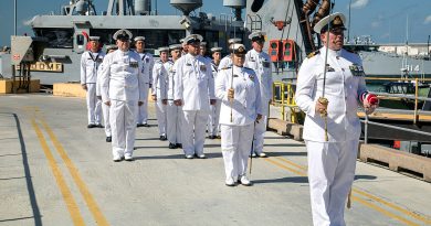 Members of ship's company of HMAS Broome prepare to march past during the vessel's decommissioning ceremony at HMAS Coonawarra, Darwin. Story by Lieutenant Commander Jonathan White. Photos by Able Seaman Jackson Dowling.
