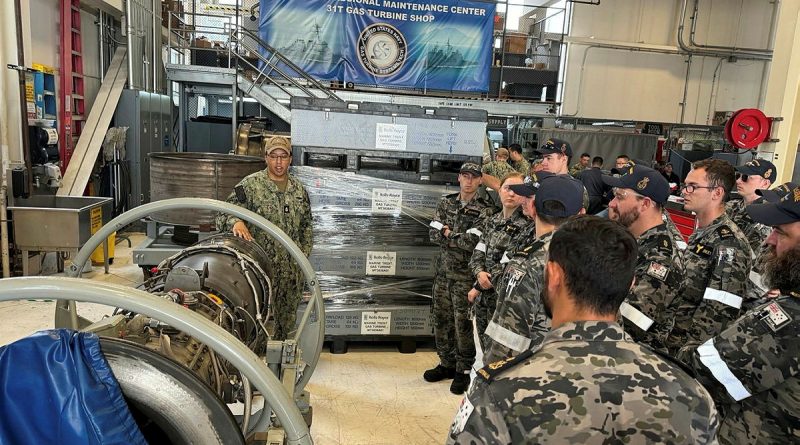 Marine engineers from HMAS Brisbane tour the South West Regional Maintenance Center in San Diego in the US, as part of a scheduled maintenance period to upgrade the ship’s systems. Story by Marie Davies. Photos by Petty Officer Andrew Coleman.