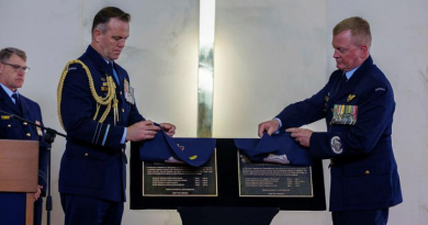 Chief of Air Force Air Marshal Stephen Chappell and Warrant Officer – Air Force Ralph Clifton unveil the plaques commemorating the loss of 100 Squadron members who perished while serving on Beauforts A9-186 and A9-374 in 1943, at RAAF Base Point Cook. Story by Flight Lieutenant Karyn Markwell. Photo by Leading Aircraftman Ryan Howell..