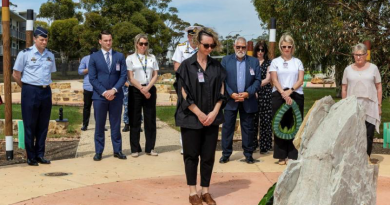Director Veterans' South Australia, Bianca Wheeler, pays her respects after laying a wreath at the ‘Keeping Place’ at RAAF Base Edinburgh. Story by Group Captain Gregory Weller. Photo by Aircraftwoman Halley Van Essen.