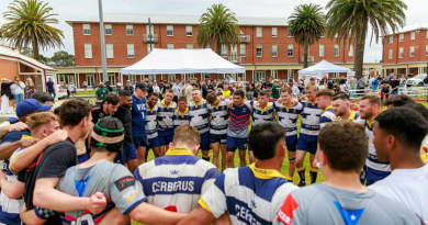 Navy welcomes charity organisation Tackling Leukaemia on board during the annual Navy versus Victoria Police rugby match at HMAS Cerberus. Photo by Leading Seaman Jack Codner.