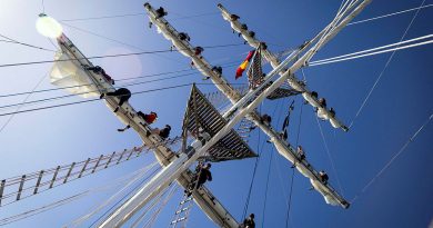 Youth ambassadors climb the main mast on board Sail Training Ship (STS) Young Endeavour during a voyage from Sydney to Newcastle, NSW. Photos by Leading Seaman David Cox.