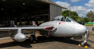 A restored Air Force Vampire aircraft at the History and Heritage Centre, RAAF Base Amberley, Queensland. Story by Pilot Officer Timothy Sullivan. Photos by Leading Aircraftman Campbell Latch.